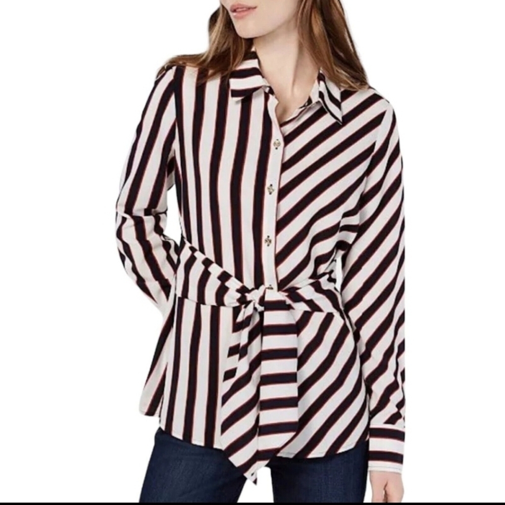 TOMMY HILFIGER Women Striped Front-Tie Buttondown Shirt Long Sleeve | L